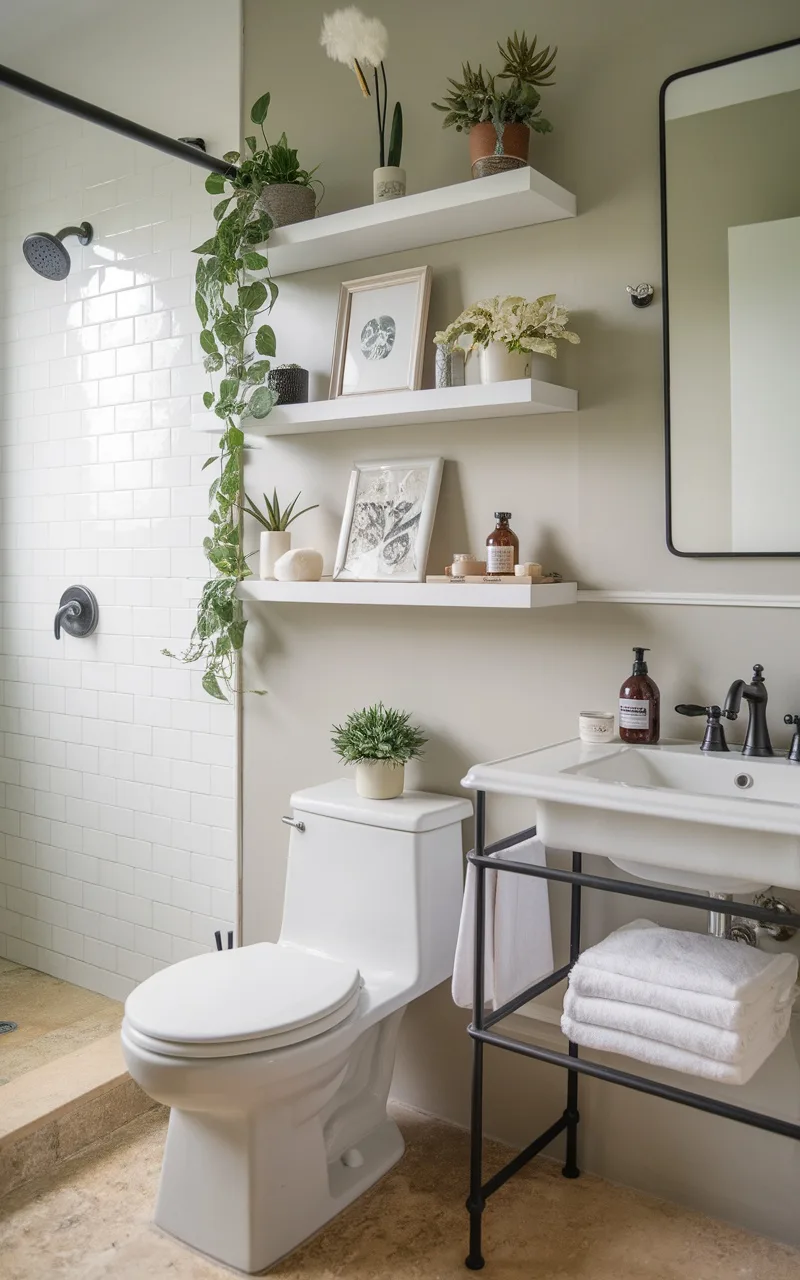 White floating shelves above a toilet displaying plants and decorative items in a stylish bathroom.