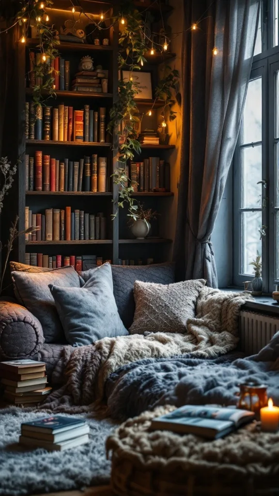 A cozy reading nook with bookshelves, soft pillows, and warm lighting.