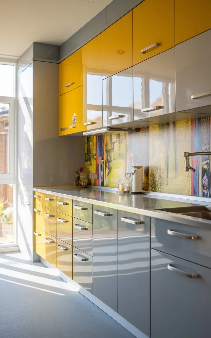 A kitchen featuring yellow and gray cabinets, showcasing a modern design.