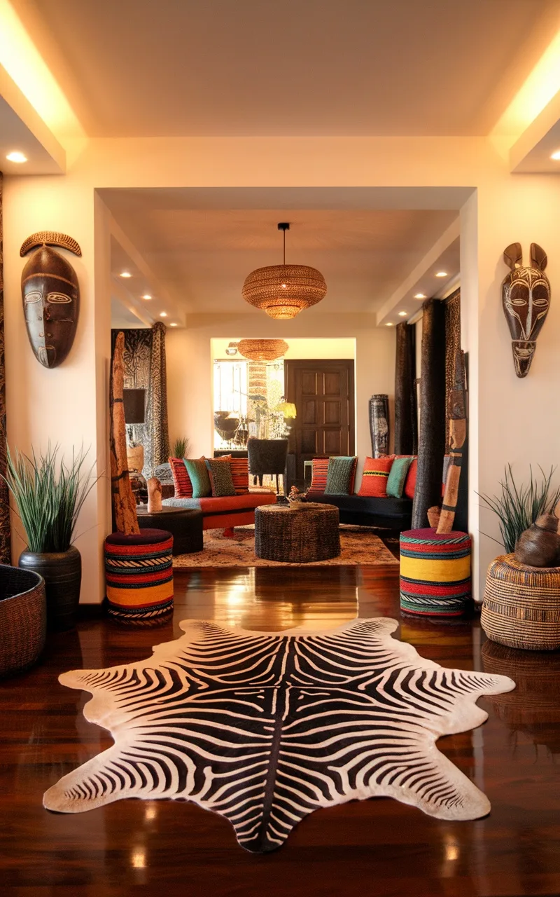 A vibrant living room featuring a zebra skin rug, colorful cushions, and African decor elements.